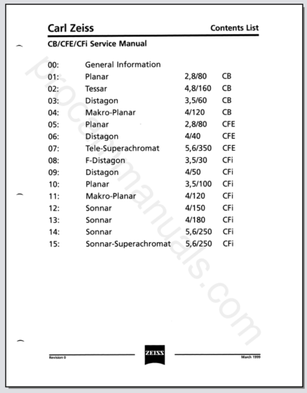 Hasselblad CB,CFE,CFi Lens Service Manual