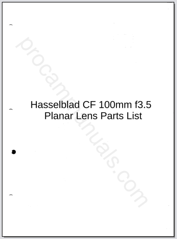 Hasselblad CF 100mm f3.5 Planar Lens Parts List Digital Download