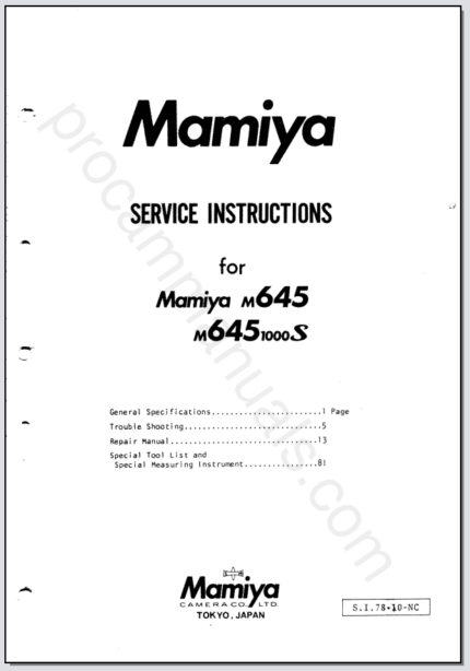 Mamiya M645, M6451000S Service Instructions