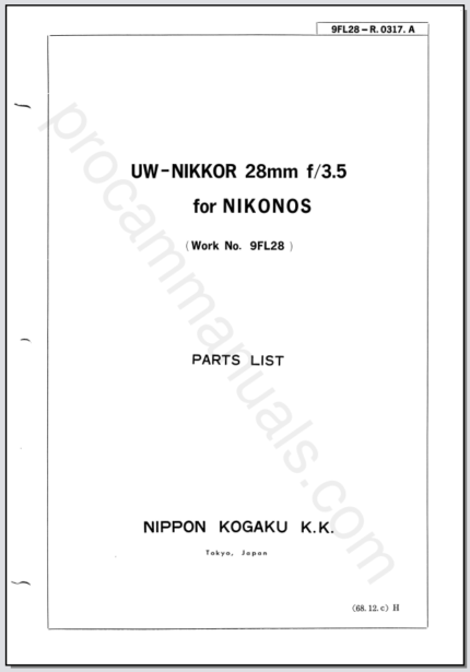 Nikon UW-Nikkor 28mm f3.5 Non-Ai for Nikonos 9FL28 Parts List