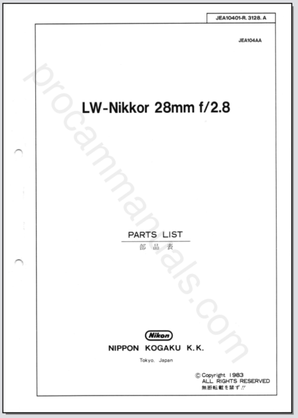 Nikon LW-Nikkor 28mm f2.8 Non-Ai JEA104AA Parts List