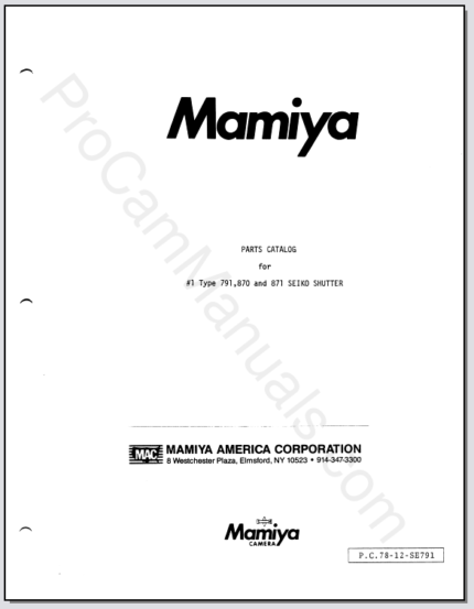 Mamiya #1 Type 791, 870, 871 Seiko Shutter Parts Catalog