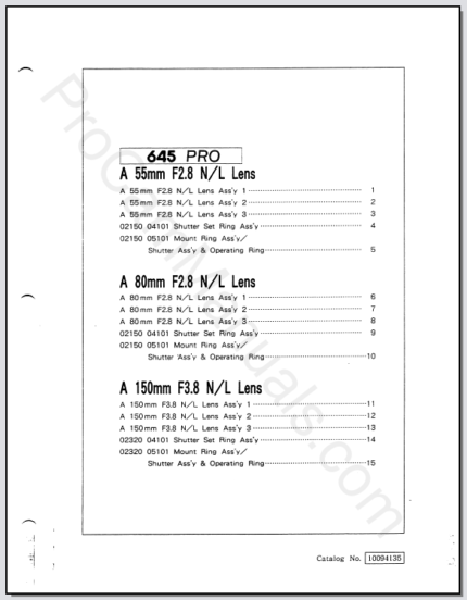 Mamiya 645 Pro A 55mm f.8 NL, A 80mm f2.8 NL, A 150mm f3.8 NL Lens Parts List