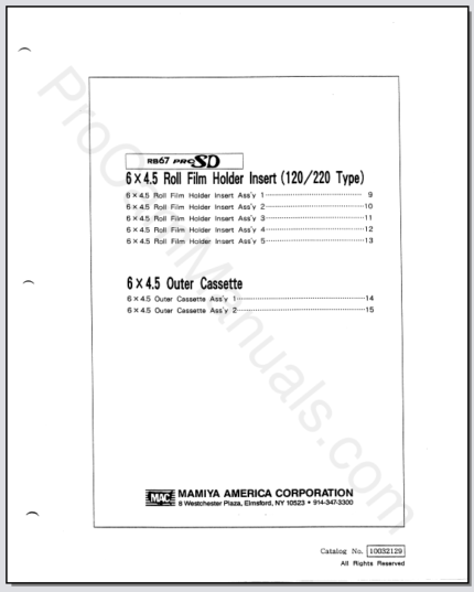 Mamiya RB67 ProSD 6x4.5 Roll Film Holder Instert (120,220 Type) Outer Cassette Parts List