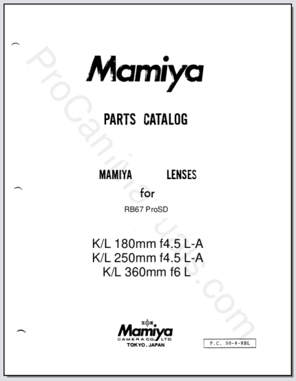 Mamiya RB67 ProSD KL 180mm f4.5 L-A, KL 250mm f4.5 L-A, KL 360mm f6 L Lens Parts List