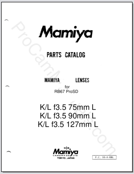 Mamiya RB67 ProSD KL f3.5 75mm L, KL f3.5 90mm L, KL f3.5 127mm L Lens Parts List