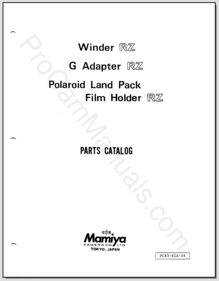 Mamiya RZ67 Professional Winder RZ, G Adapter RZ, & Polaroid Land Pack Film Holder RZ Parts Catalog