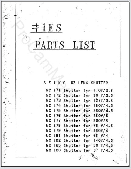 Mamiya Seiko RZ Lens Shutter #1ES Parts List