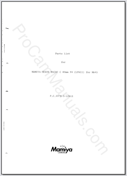 Mamiya-Sekor Macro C 80mm f4 (LF611) for M645 Parts List