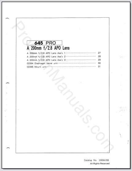 Mamiya 645 Pro A 200mm f2.8 APO Lens Parts List