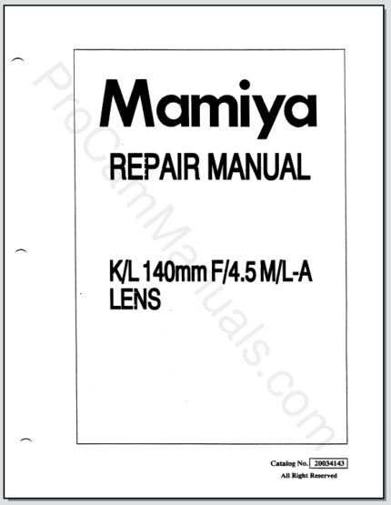 Mamiya RB67 ProSD KL 140mm f4.5 ML-A Lens Repair Manual