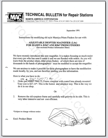 Mamiya RZ67 Accessories Tech Bulletins