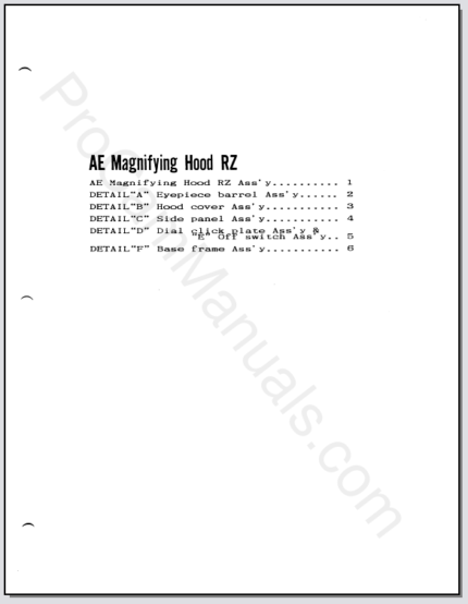 Mamiya RZ67 Professional AE Magnifying Hood RZ Parts List