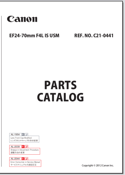 Canon Lens EF 24-70mm F4L IS USM Parts Catalog