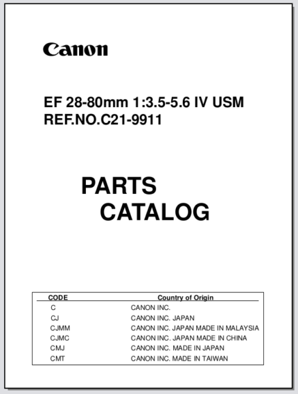 Canon Lens EF 28-80mm 1:3.5-5.6 IV USM Parts Catalog