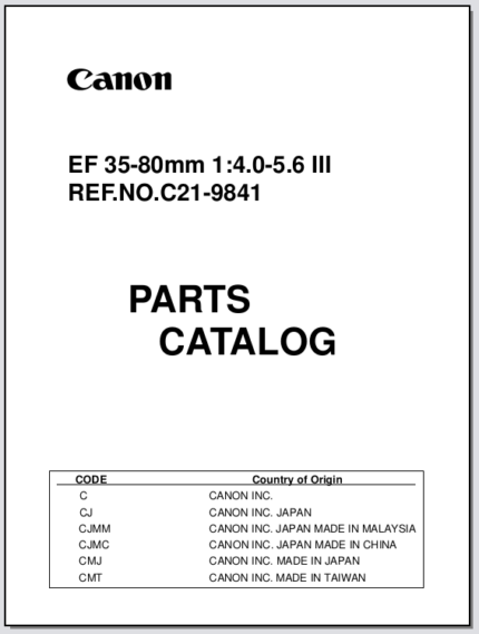 Canon Lens EF 35-80mm 1:4-5.6 III Parts Catalog