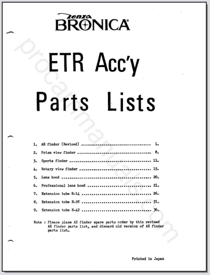 Bronica ETR Accessory Parts List