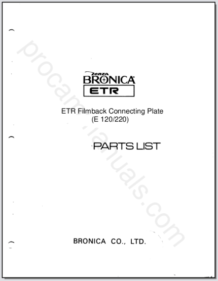 Bronica ETR Filmback Connecting Plate Parts List