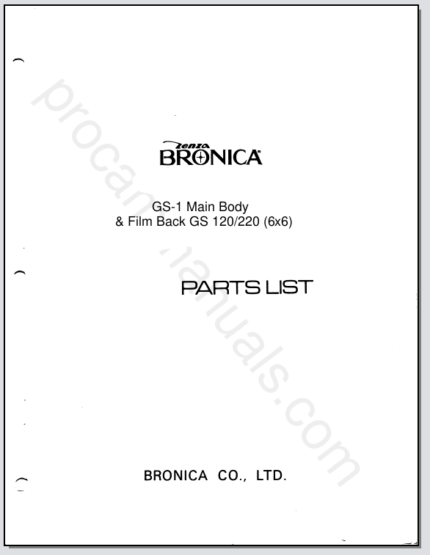 Bronica GS-1 Main Body & Film Back GS 120,220 Parts List